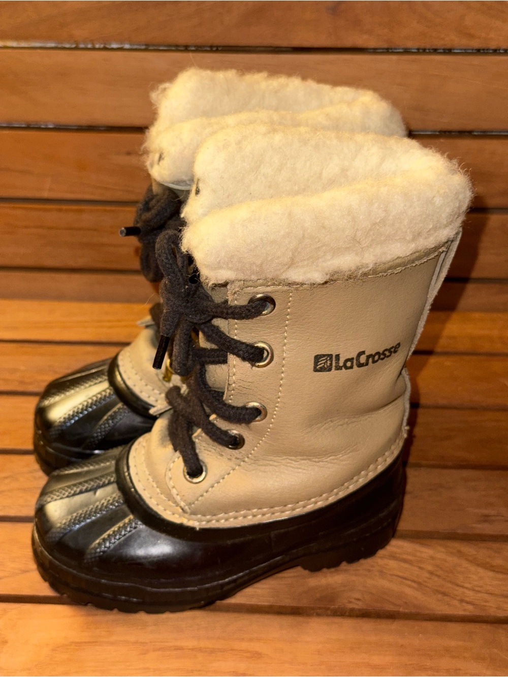 Vintage LaCrosse Youth Pac Snow Boots Sz 8 Toddler Made in USA Tan Black Fleece